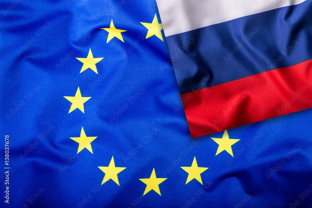 Flags of the Russia and the European Union. Russia Flag and EU Flag. Flag inside stars. World flag concept. Flags of the Russia and the European Union. Russia Flag and EU Flag. Flag inside stars. World flag concept.