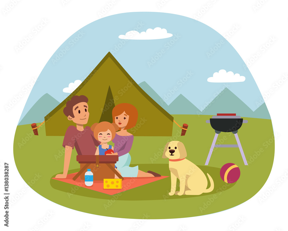 Naklejka premium Picnic setting with fresh food hamper basket barbecue resting couple and summer meal party family people lunch garden character vector illustration.