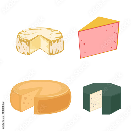Delicious fresh cheese variety italian dinner icon flat dairy food and milk camembert piece different delicatessen gouda set isolated vector illustration.