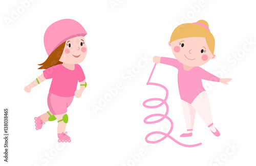 Roller beautiful girl funny sports character skating outdoor summer children hobby and cute young female in pink gymnast with ribbon happy leisure dancer vector.