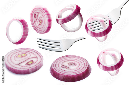 Set of red onion slice and rings, paths