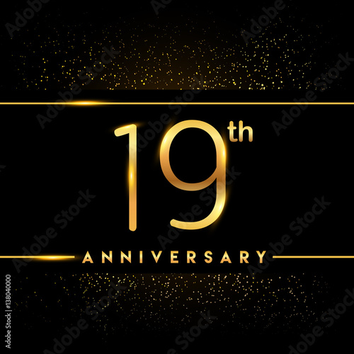 Celebrating of 19 years anniversary, logotype golden colored isolated on black background and confetti, vector design for greeting card and invitation card