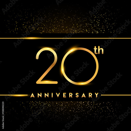 Celebrating of 20 years anniversary, logotype golden colored isolated on black background and confetti, vector design for greeting card and invitation card