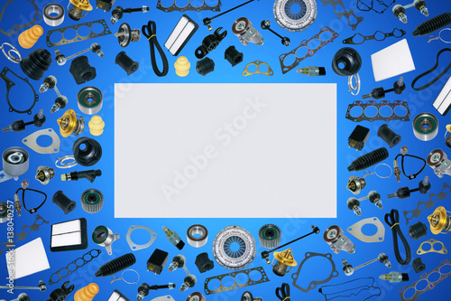 Spare auto parts car on the blue background set. Frame for advertising and assembled from auto parts, spare parts. Many repair part are located on the edge of the image. OEM.