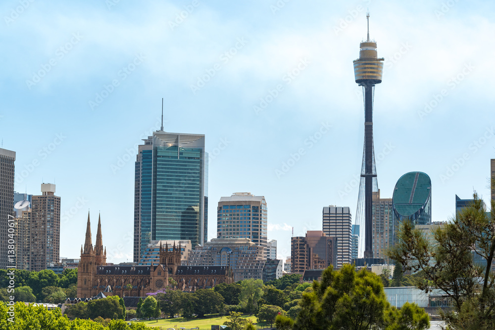 Sydney cityscape with St Marys Cathedral and Sydney Tower