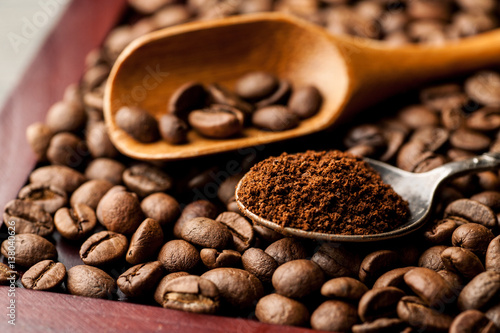 Coffee in a metal and wooden spoon closeup shot