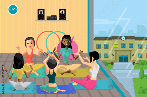 Women at the gym on fitness classes yoga. Flat cartoon vector illustration