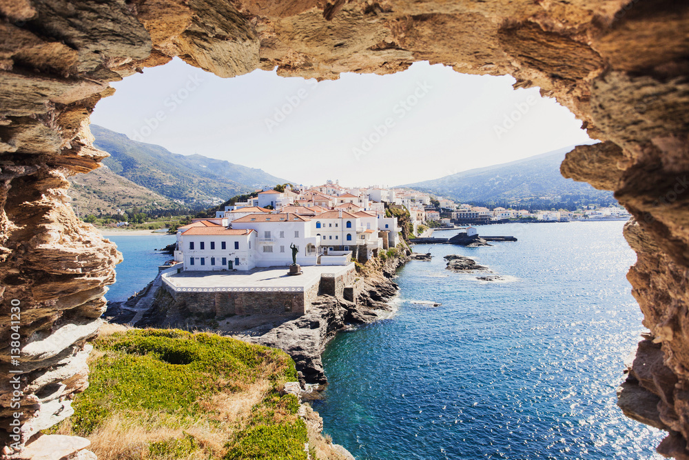 Beautiful view at Chora, the capital of Andros island, Cyclades, Greece - obrazy, fototapety, plakaty 