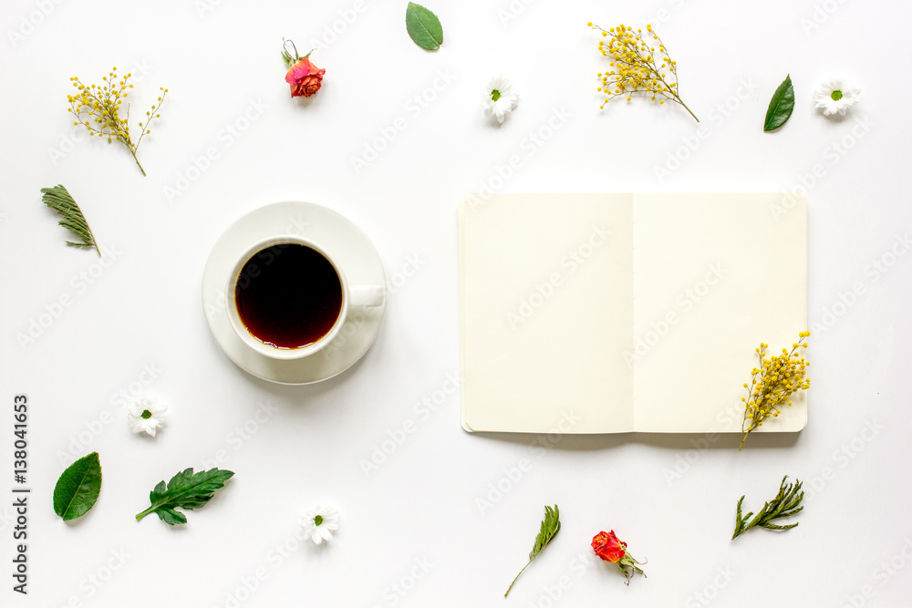 Flat lay with coffee and copybook top view mock up Flat lay with coffee and copybook top view mock up