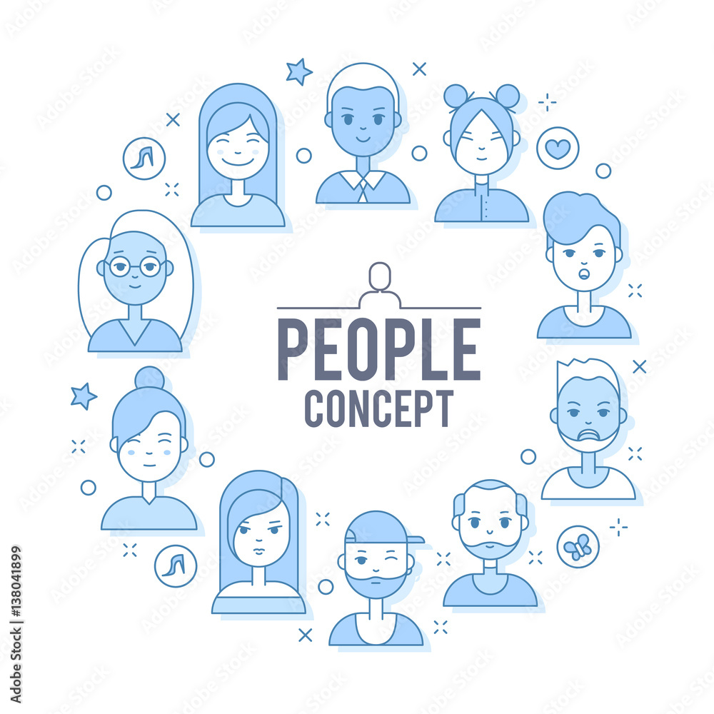Linear Flat people faces vector illustration. Linear Flat people faces vector illustration.