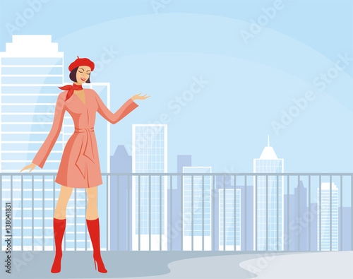 The image of the beautiful young woman with purchases against the background of a city landscape. 
