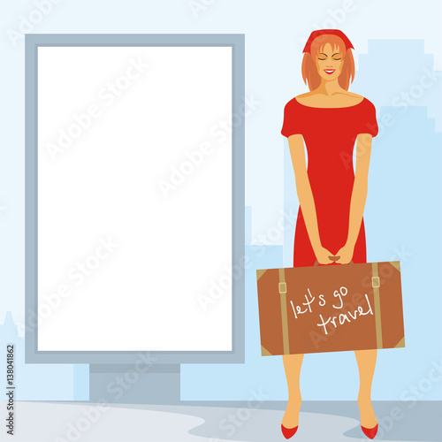 Image of the beautiful young woman and street city billboard. Vector background.