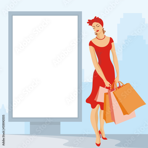Image of the beautiful young woman and street city billboard. Vector background.