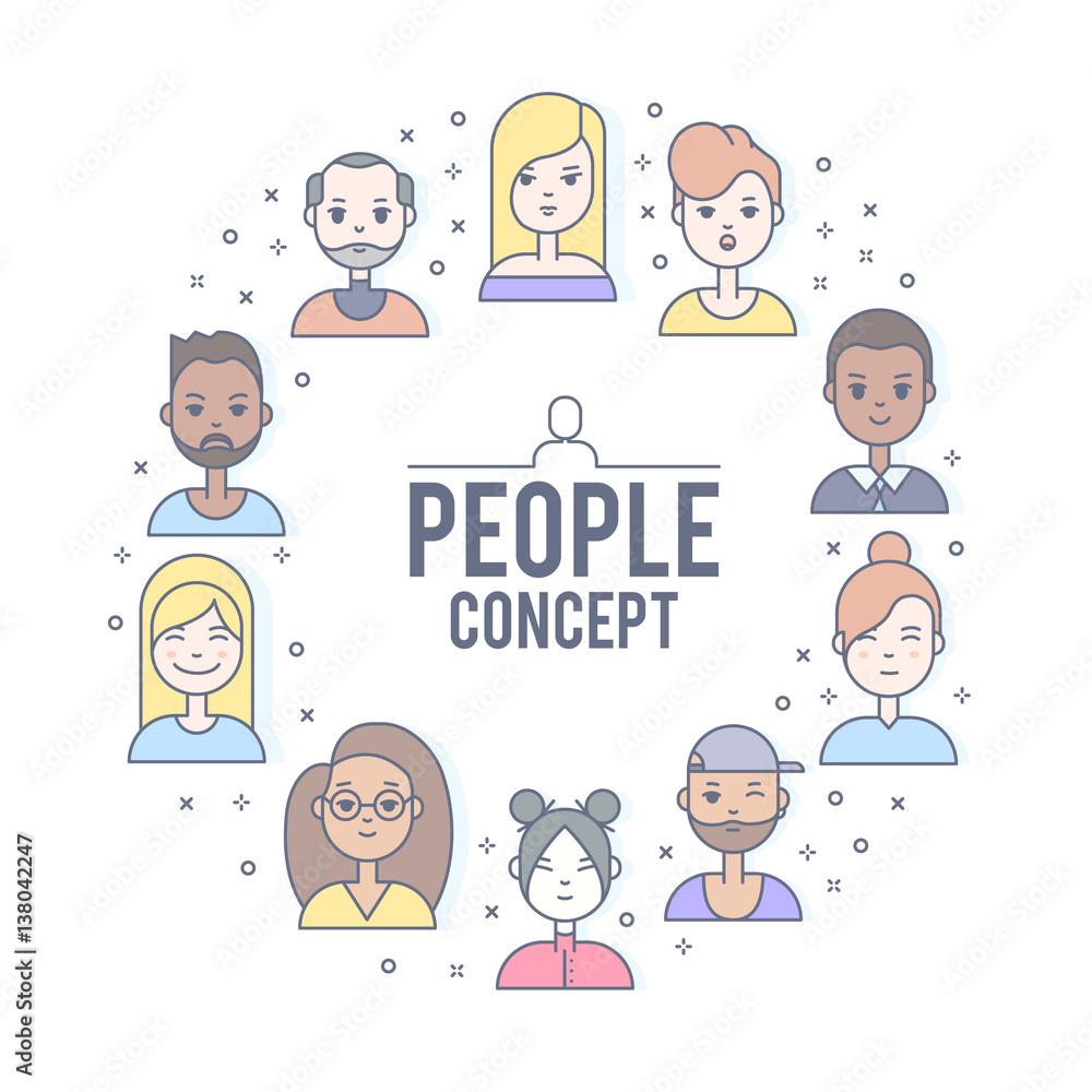 Linear Flat people faces vector illustration. Linear Flat people faces vector illustration.