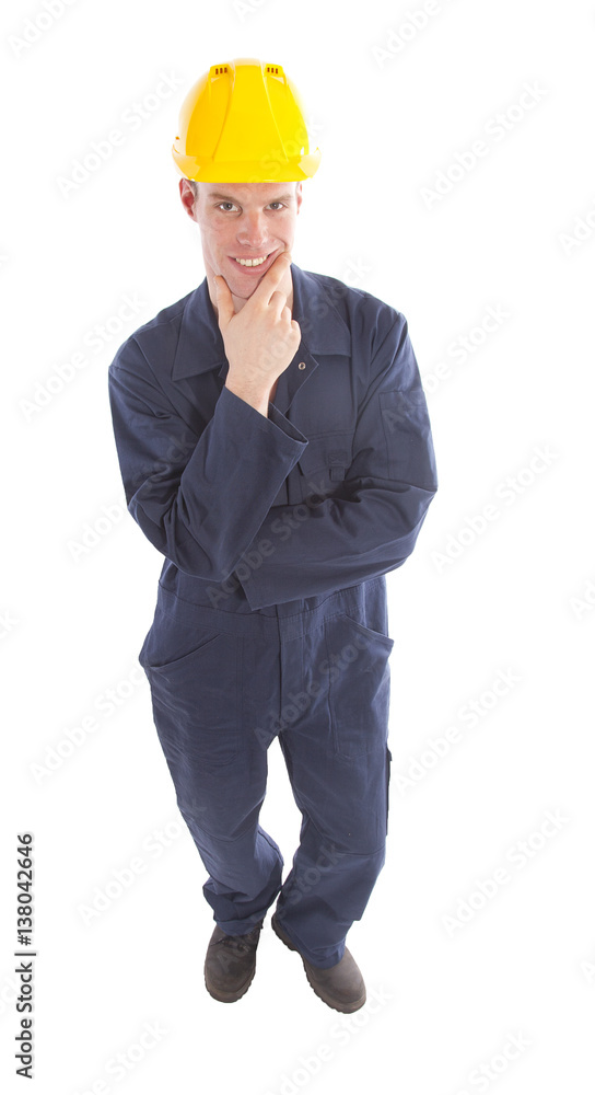 Young worker with yellow helmet isolated on white background Young worker with yellow helmet isolated on white background
