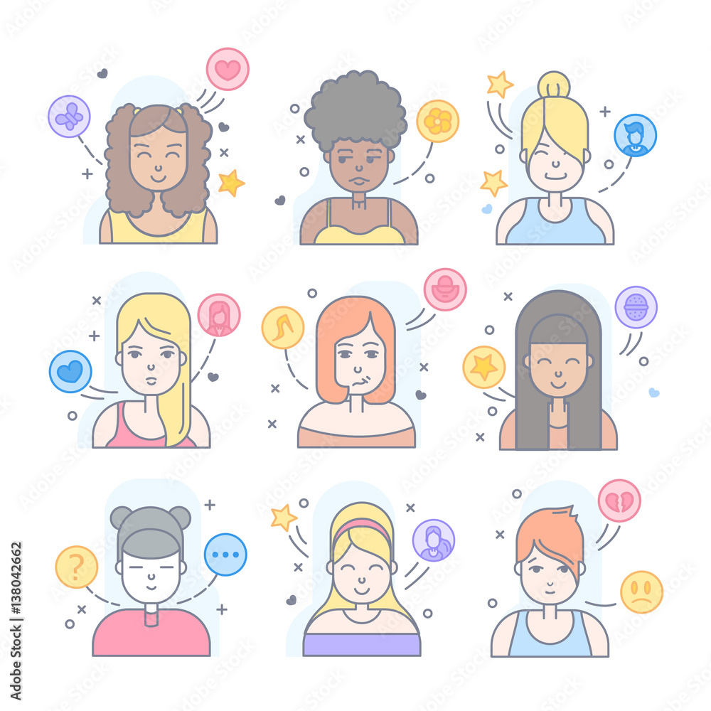 Linear Flat people faces vector icon set, illustrations set. Linear Flat people faces vector icon set, illustrations set.
