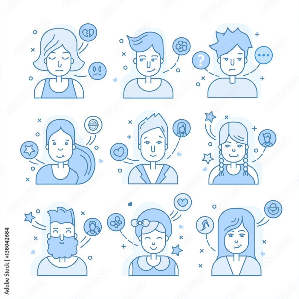 Linear Flat people faces vector icon set, illustrations set. Linear Flat people faces vector icon set, illustrations set.