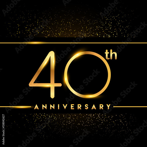 Celebrating of 40 years anniversary, logotype golden colored isolated on black background and confetti, vector design for greeting card and invitation card