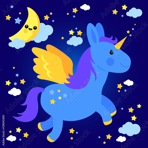 Cute unicorn flying in the night sky. Vector illustration
