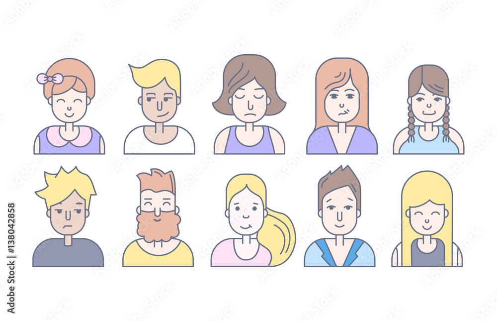 Linear Flat people faces vector icon set, illustrations set. Linear Flat people faces vector icon set, illustrations set.