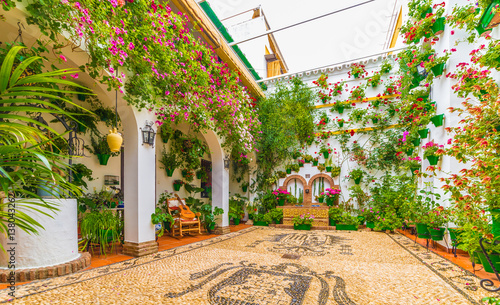 Traditional house and courts with flower in Cordoba, Spain photo