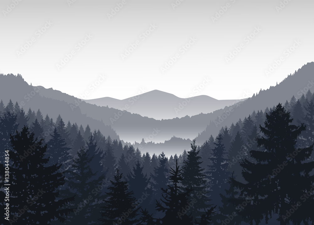 Image landscape. Panorama of mountains. Valley(canyon). Three peaks. Grey shades.