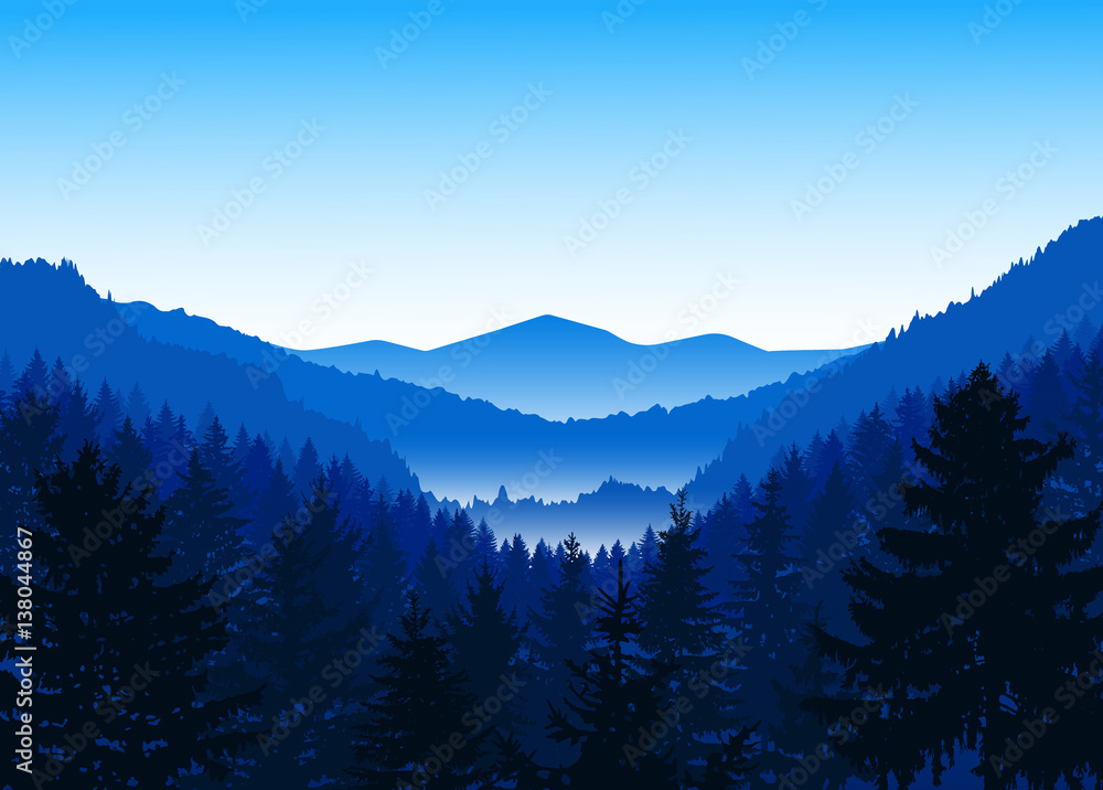  Panorama of mountains. Valley(canyon). Three peaks. Blue shades. Winter.