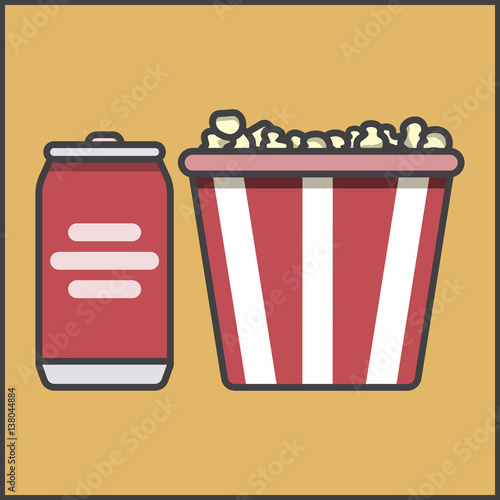 Coca and popcorn, bank of soda, vector image, flat design, outline style