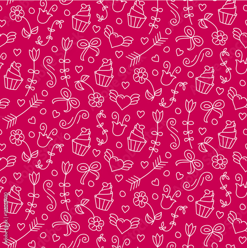 Sweet vector seamless pattern with hearts, cupcakes, flowers, bows. Cute endless background.