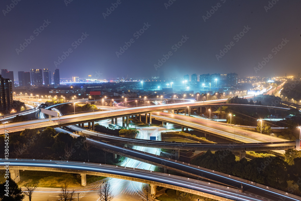 Aerial View of Suzhou overpass at Night in China.