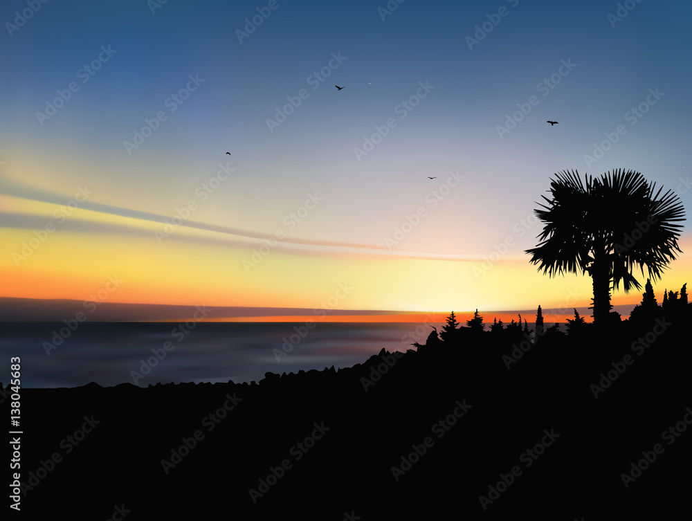 Image landscape. Sunset on exotic island.  A flock of birds on the background of colorful sky.