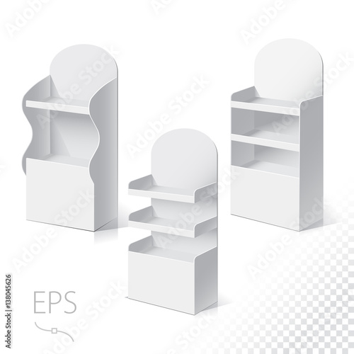 White Empty Displays With Shelves Products.Display on Isolated white background. Mock-up template ready for design. Product Packing Vector