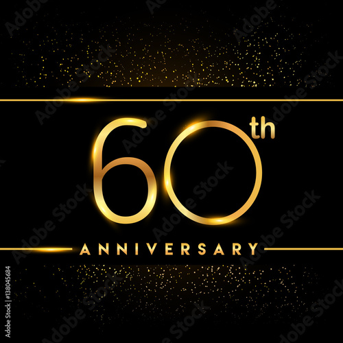 Celebrating of 60 years anniversary, logotype golden colored isolated on black background and confetti, vector design for greeting card and invitation card