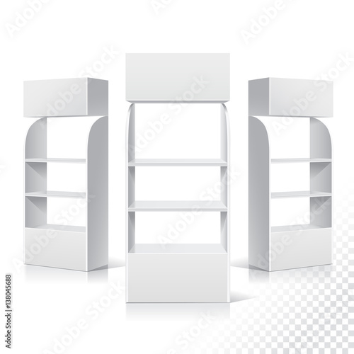 White Empty Displays With Shelves Products.Display on Isolated white background. Mock-up template ready for design. Product Packing Vector
