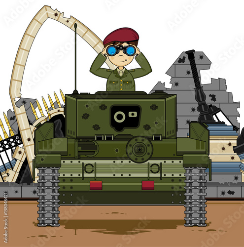 Cartoon Army Soldier and Military Tank