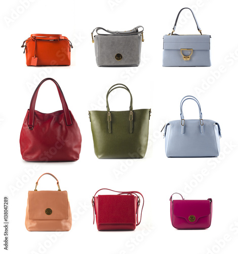 group of color leather women handbags isolated on white background