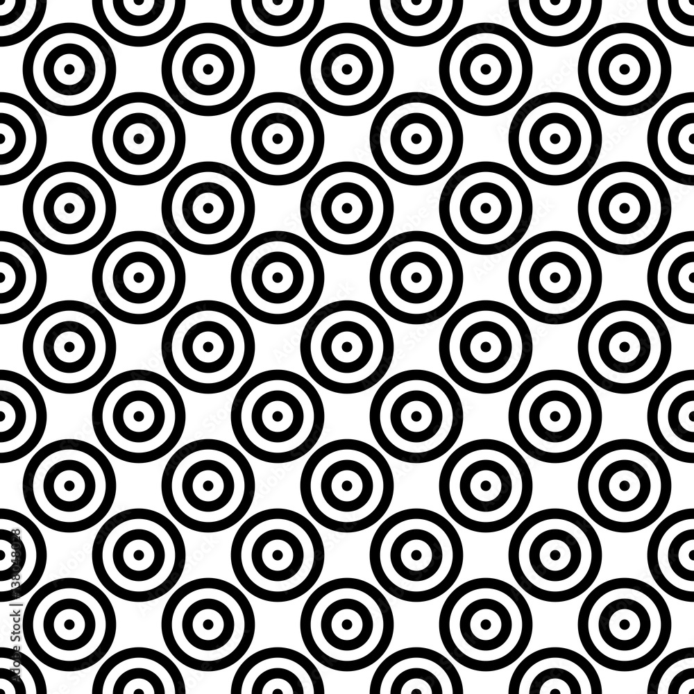 Abstract background seamless mosaic of concentric circles in diagonal arrangement. Retro design vector wallpaper.