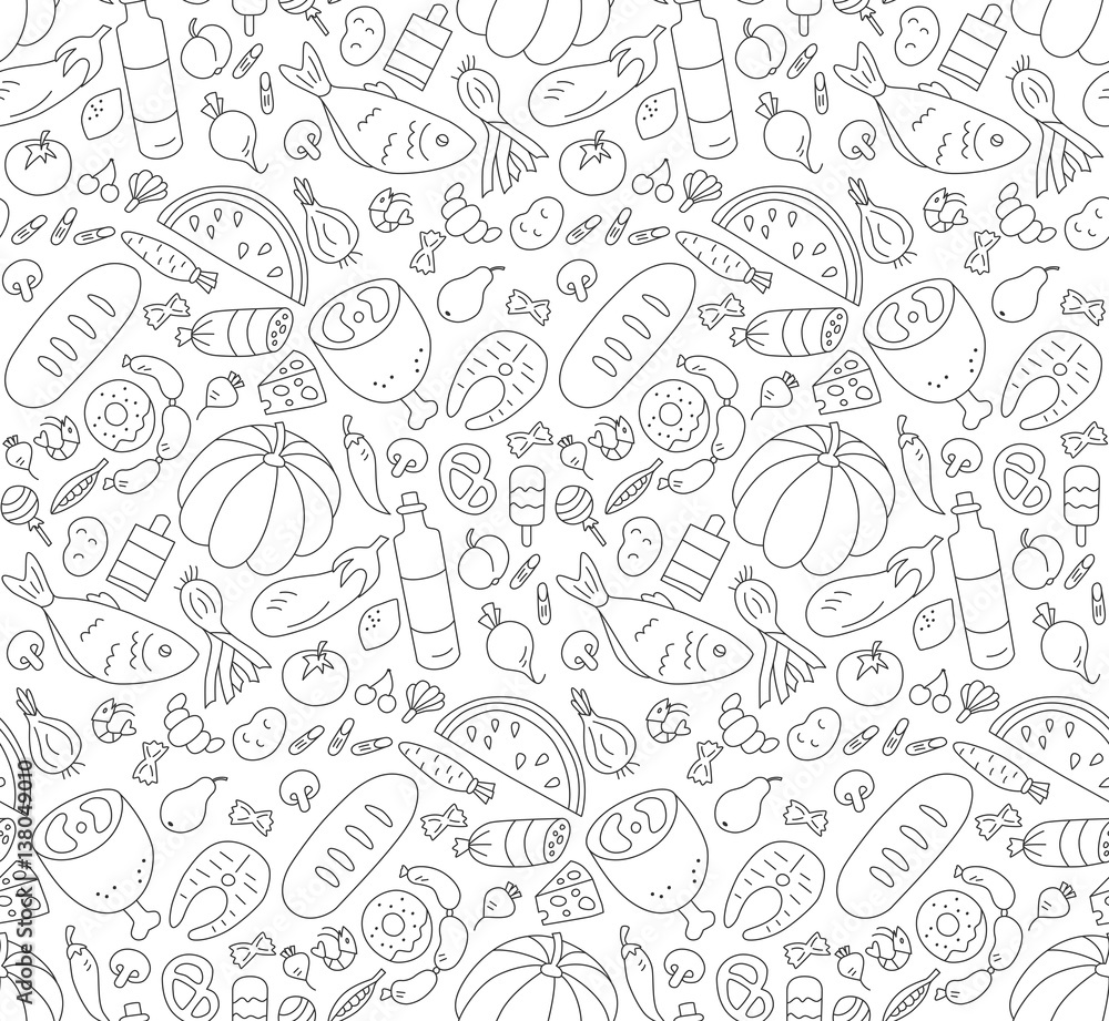 Food. Black and white seamless pattern in Doodle and cartoon style Food. Black and white seamless pattern in Doodle and cartoon style