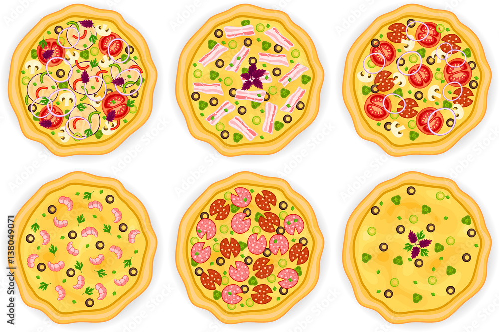 Set with different kinds of pizzas: vegetarian, bacon, mixed, prawn, salami and cheese pizza. Vector illustration Set with different kinds of pizzas: vegetarian, bacon, mixed, prawn, salami and cheese pizza. Vector illustration