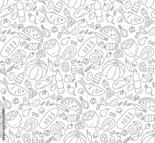 Food. Black and white seamless pattern in Doodle and cartoon style