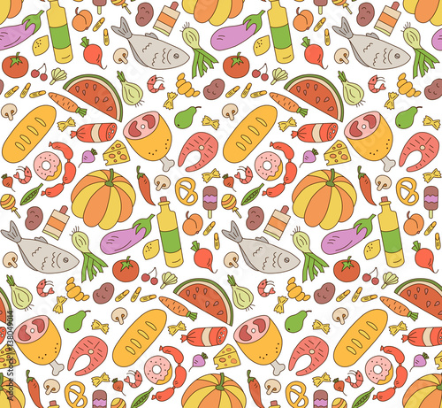 Food. Colorful seamless pattern in Doodle and cartoon style