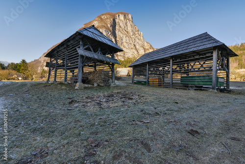 Hay rack with mountains, Bohinj, Slovenia