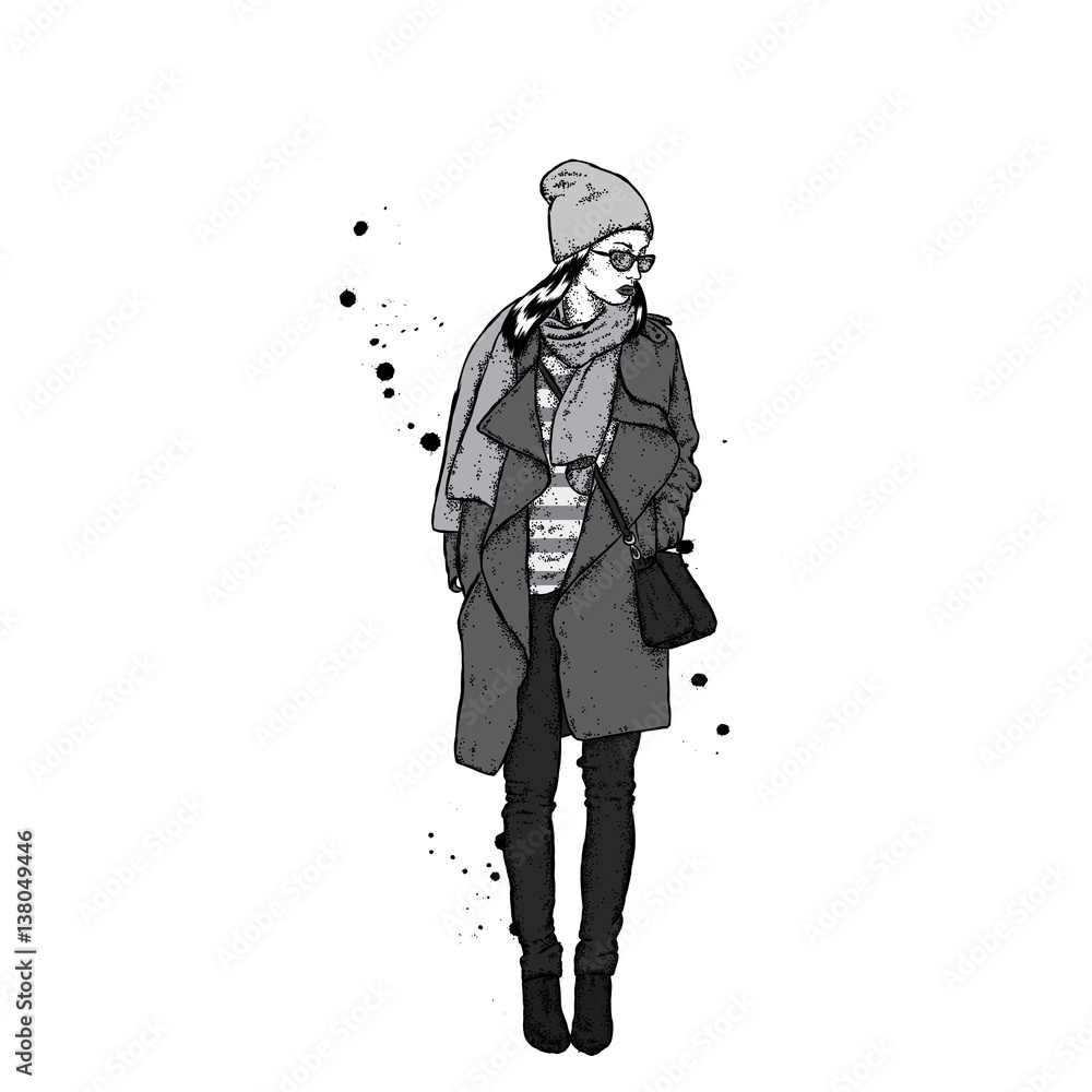 Beautiful girl in a coat with a cap and a scarf. Stylishly dressed woman. Vector fashion illustration. Beautiful girl in a coat with a cap and a scarf. Stylishly dressed woman. Vector fashion illustration.