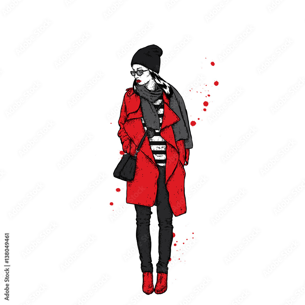Beautiful girl in a coat with a cap and a scarf. Stylishly dressed woman. Vector fashion illustration.