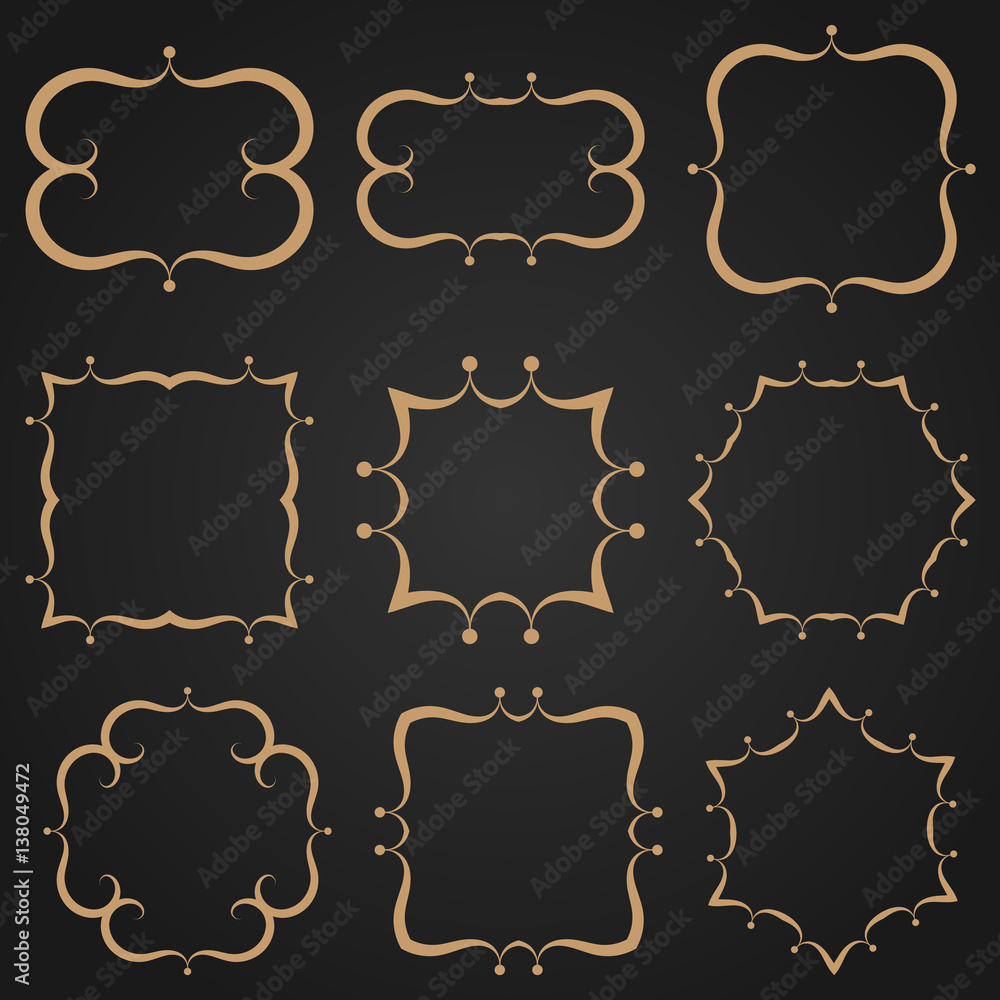 Set of decorative frames and borders. Mono line design templates. Golden outline decor. Stock