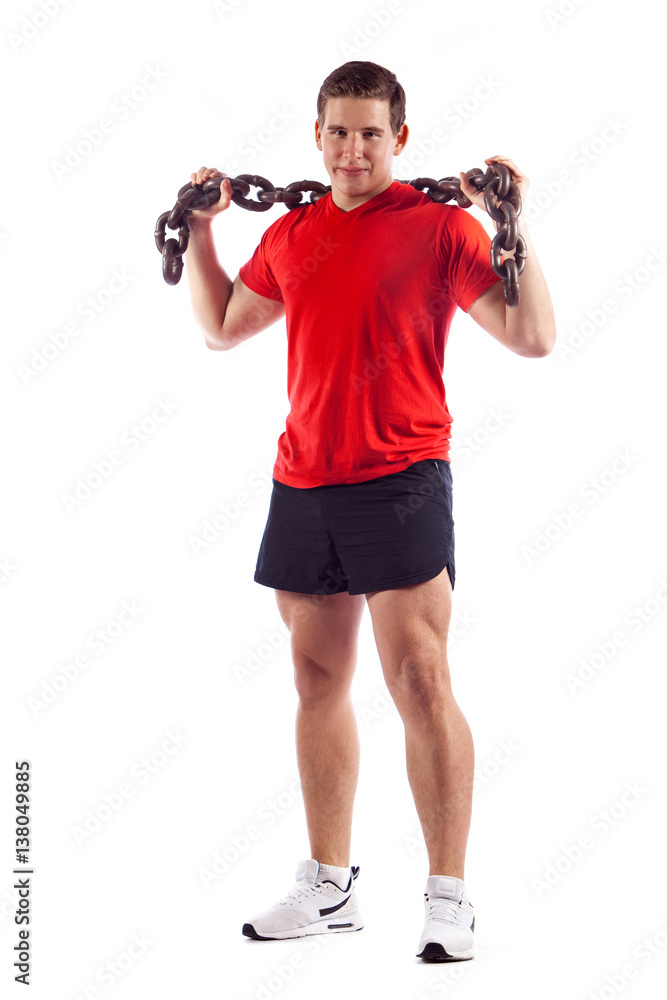 Awesome male doing exercises with weights. Isolated on white Awesome male doing exercises with weights. Isolated on white