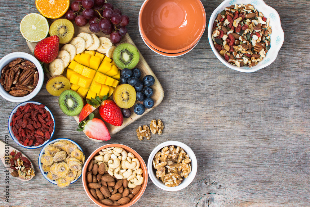 Healthy and various morning breakfast selection, paleo style: oat free  gluten free cereals, nuts, fruits, berries, selective focus. Top view Stock  Photo | Adobe Stock