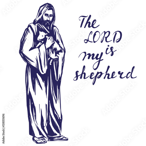 Jesus Christ, Son of God, holding a lamb in his handsr, symbol of Christianity hand drawn vector illustration sketch