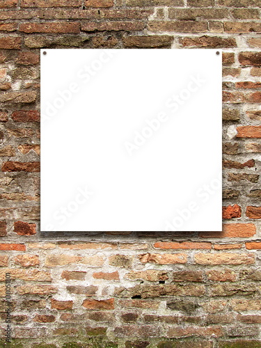 Blank nailed square frame on brown weathered brick wall background