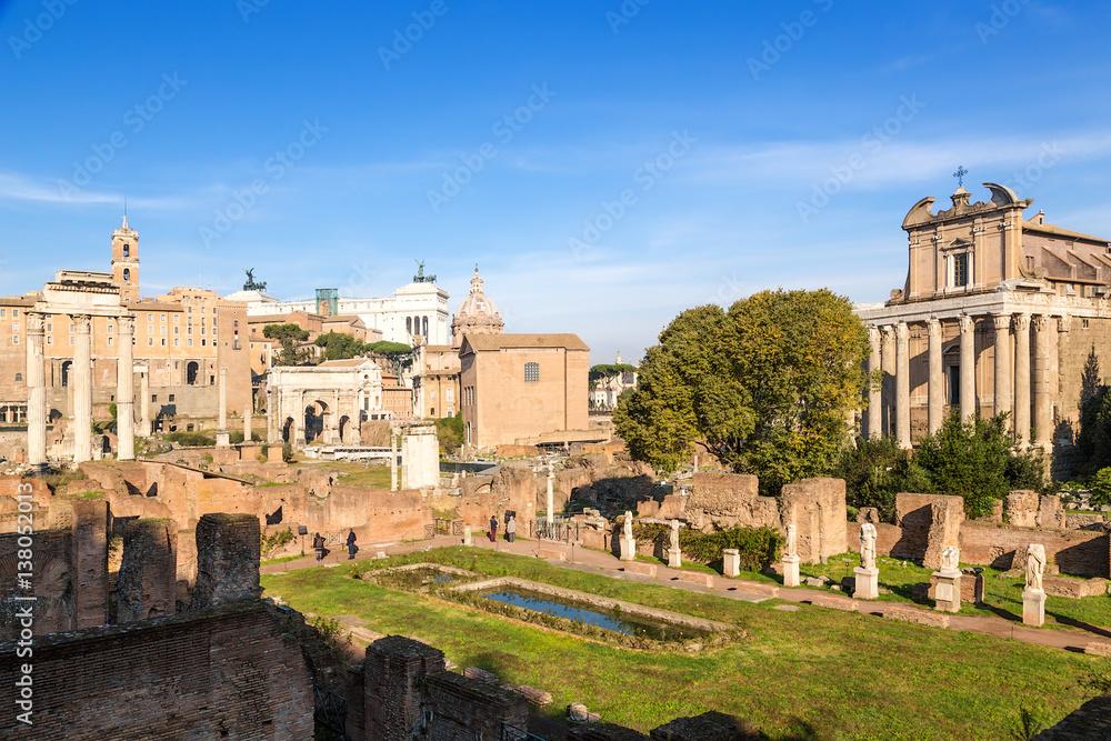 Rome, Italy. Roman Forum: Temple of Castor and Pollux, Temple of Saturn, Tabularium, Arch of Septimius Severus, Mamertinum, Temple of Vesta and the house of Vestals, Temple of Antoninus and Faustina
